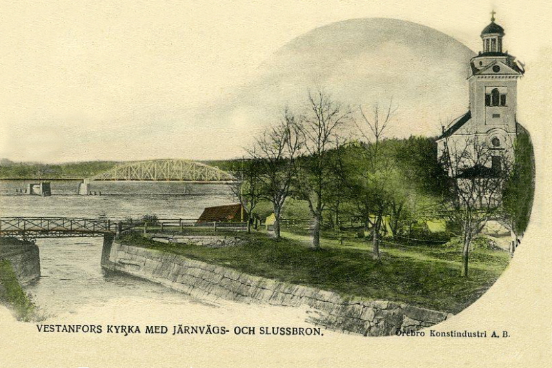 Fagersta, Vestanfors med Kyrka med Järnvägs-och Slussbron 1904
