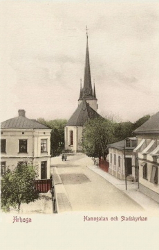 Arboga Hamngatan och Stadskyrkan 1906